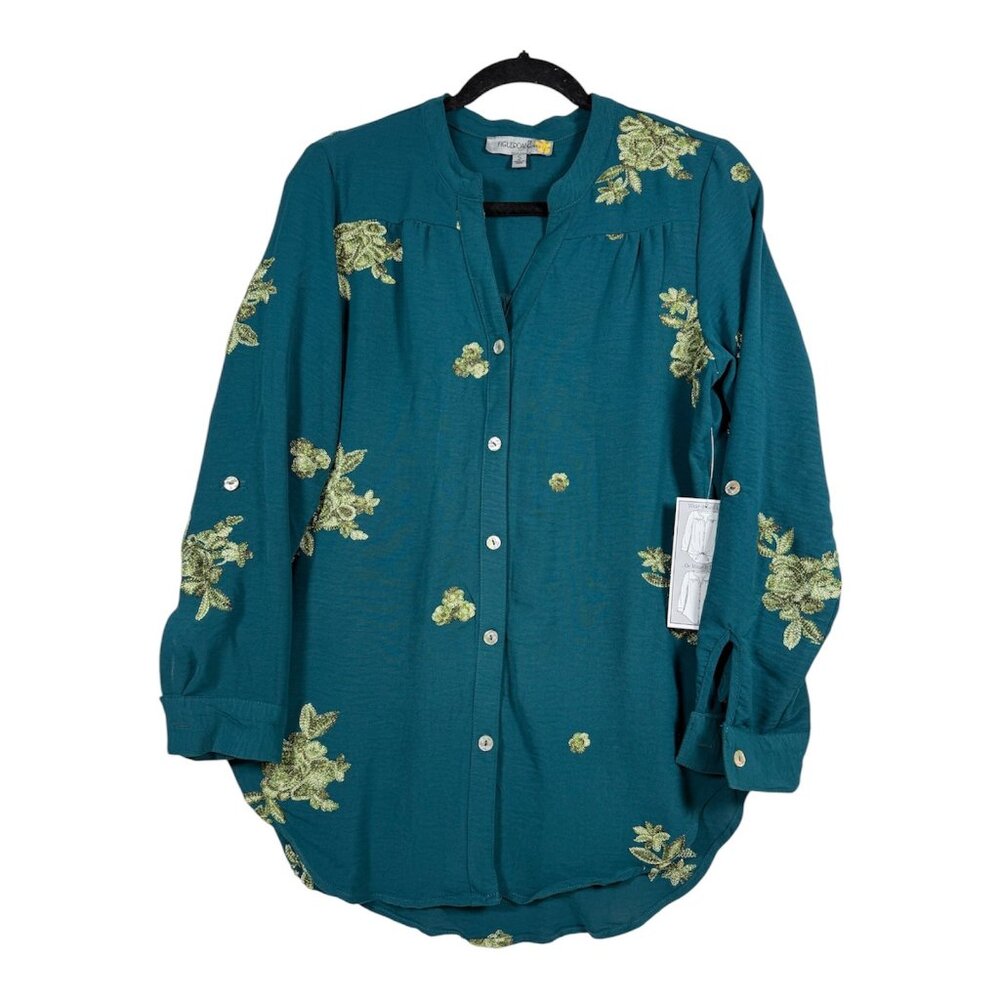 Figueroa & Flower Women’s Boho Embroidered Peasant Button Front Tunic Top Size S